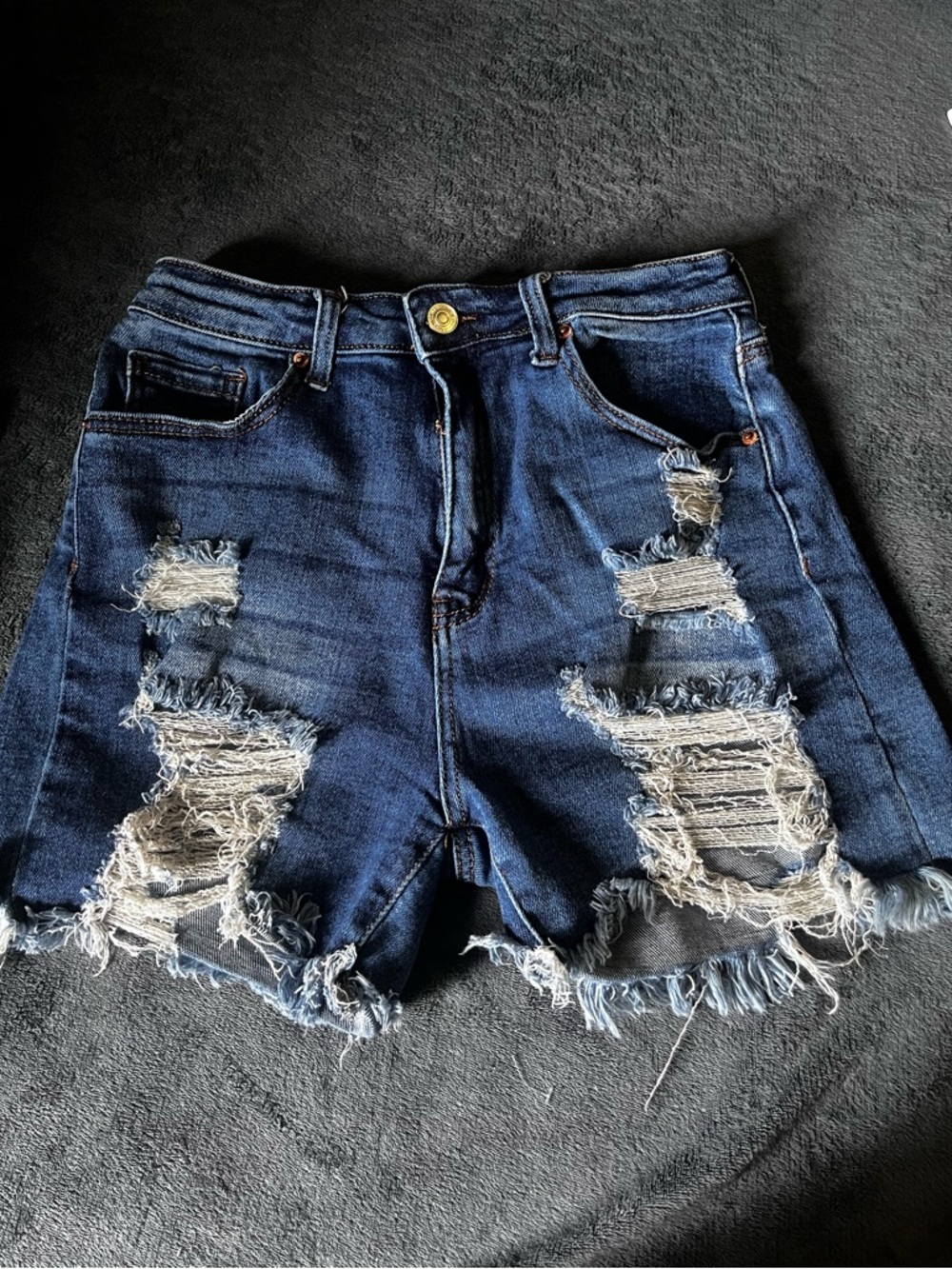 High-Rise Distressed Dark Blue Denim Shorts